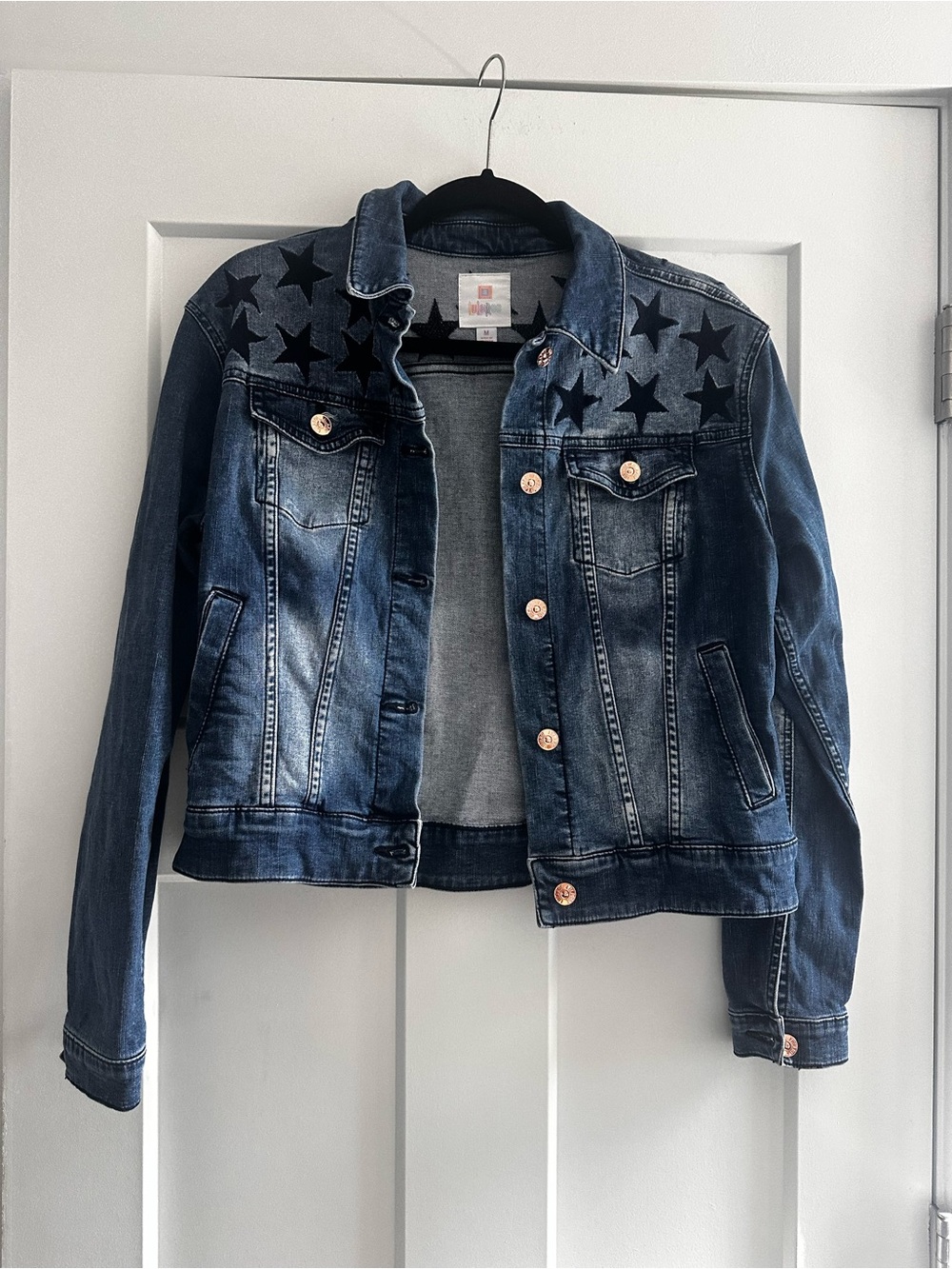 LuLaRoe Harvey Denim Jacket with Star Embroidery size medium